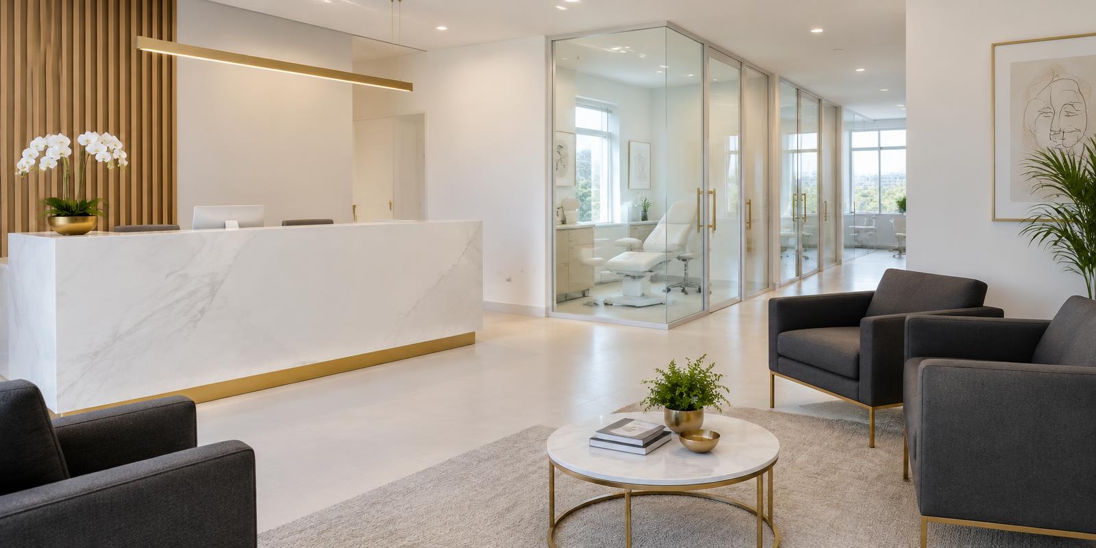 Recepção elegante de consultório de harmonização facial